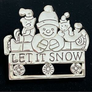 Let It Snow Brooch Pin Pendant Snowman Silvertone Festive